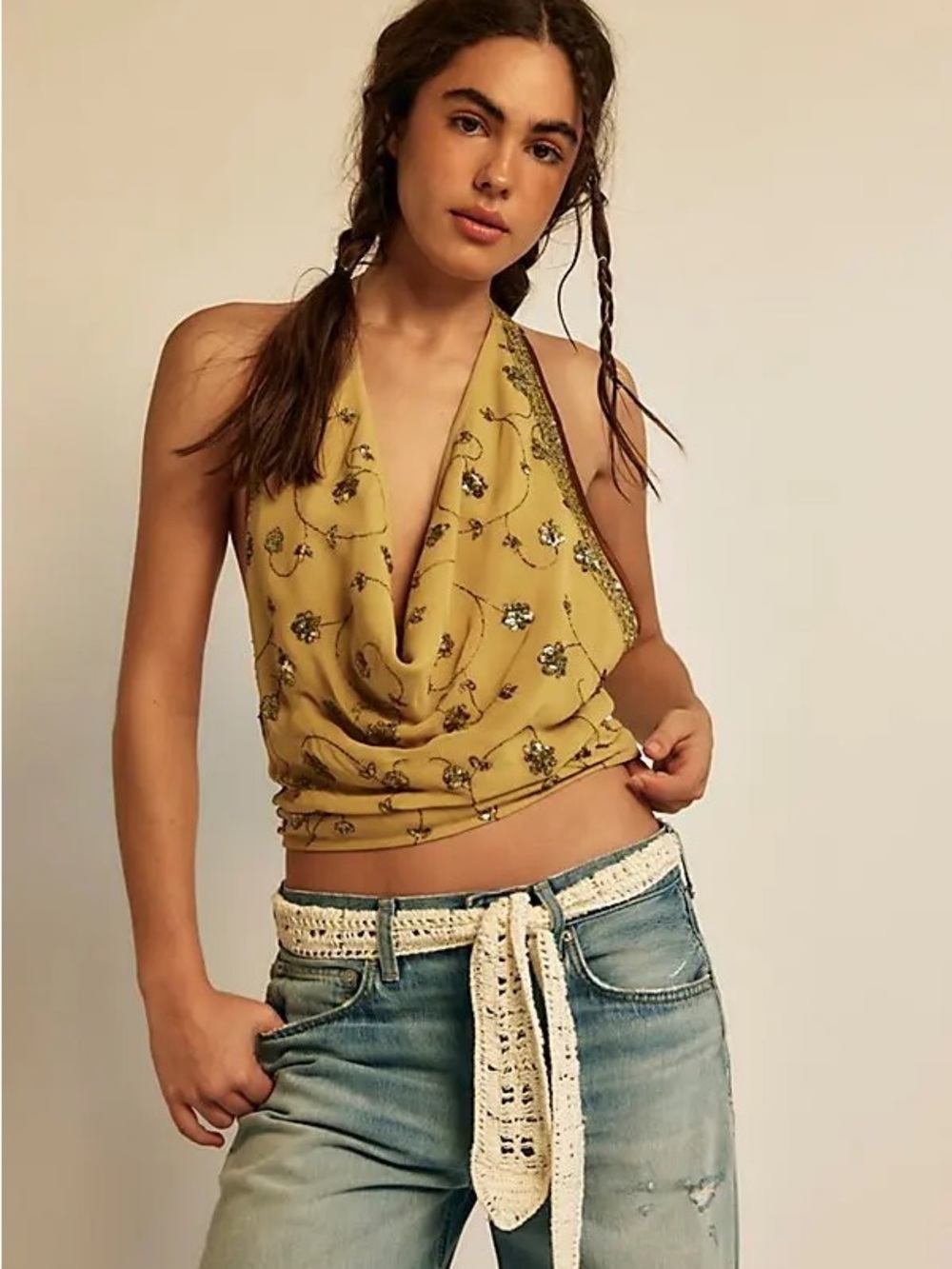 Free People All Nighter Sequin Halter Cowl Tank
